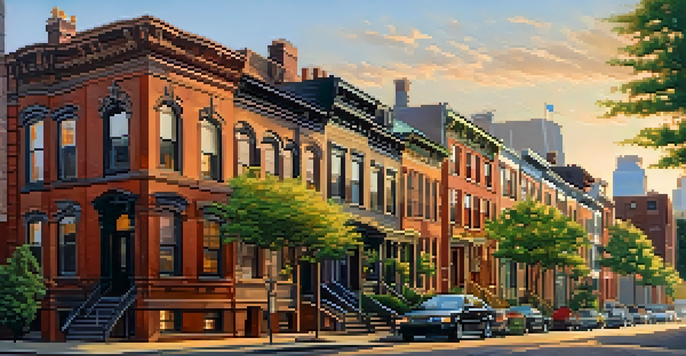 A street in Jersey City with historic brownstone buildings and a modern skyline at sunset.
