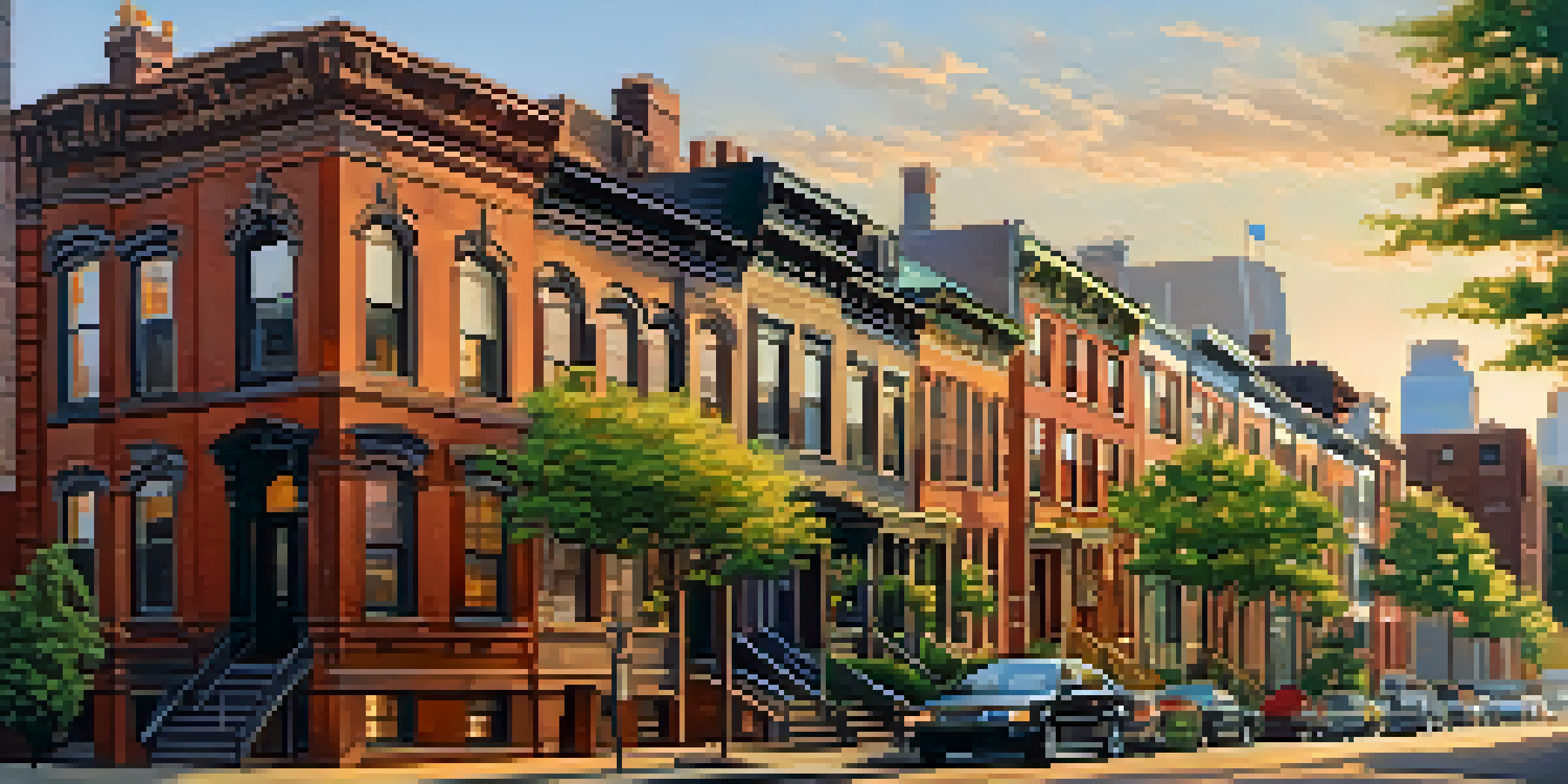 A street in Jersey City with historic brownstone buildings and a modern skyline at sunset.