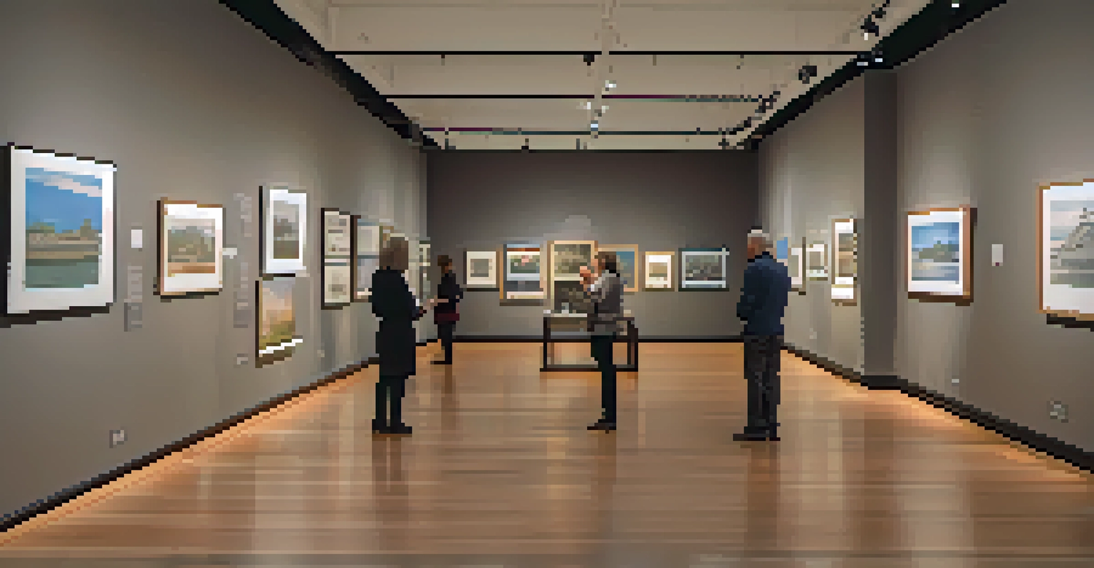 A museum exhibition displaying local artworks that highlight Jersey City's history, with visitors engaging thoughtfully in a serene atmosphere.