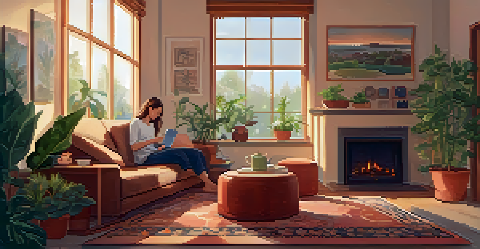 A person sitting in a cozy living room practicing mindfulness while listening to a mental health podcast.
