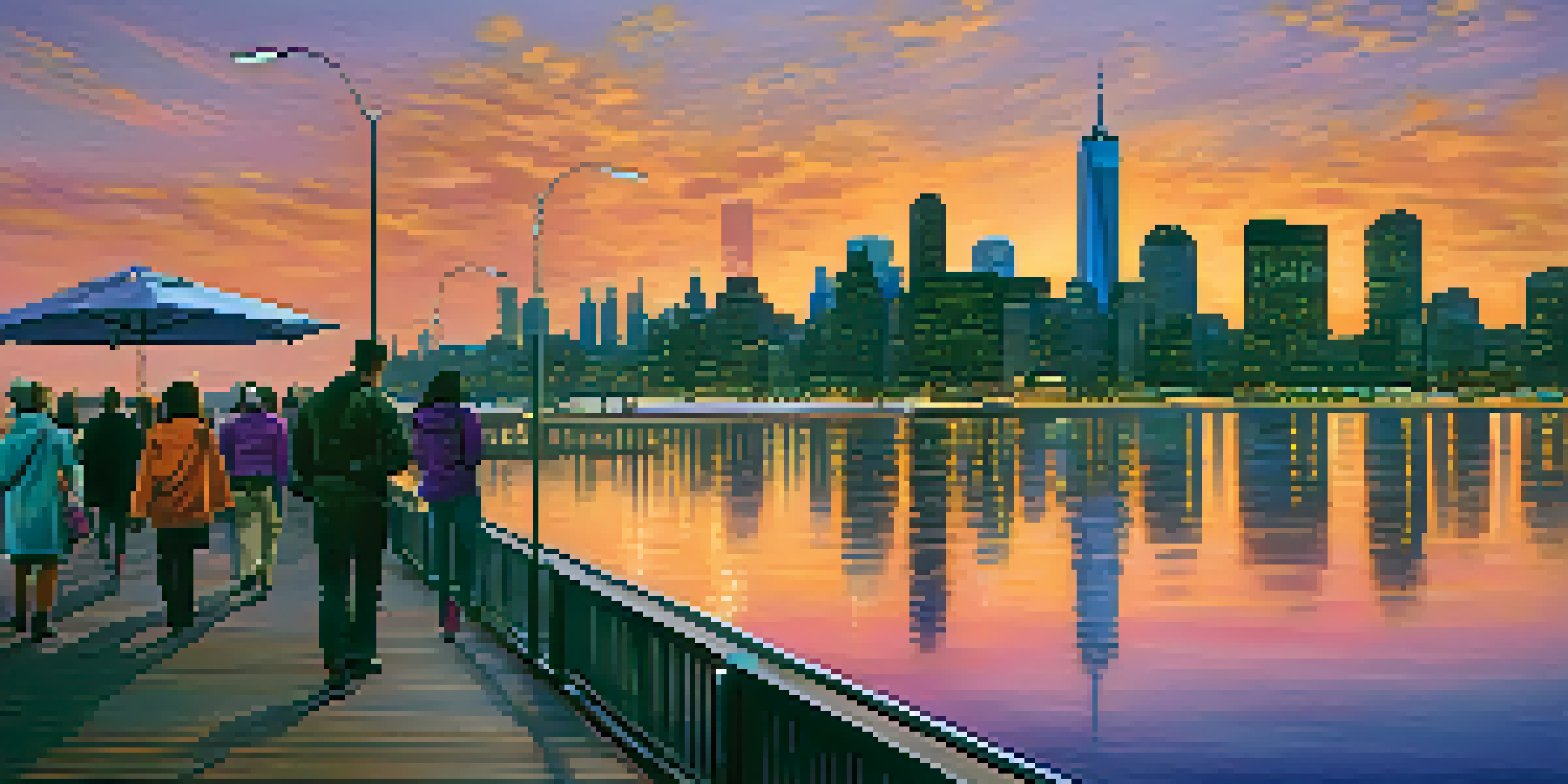 A vibrant sunset view of the Jersey City Boardwalk with families enjoying the scenery and the Manhattan skyline in the background.