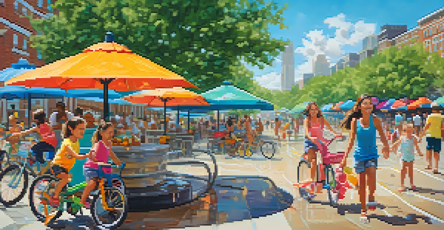 Children playing in a splash pad on the Jersey City Boardwalk while families cycle nearby, creating a vibrant summer scene.