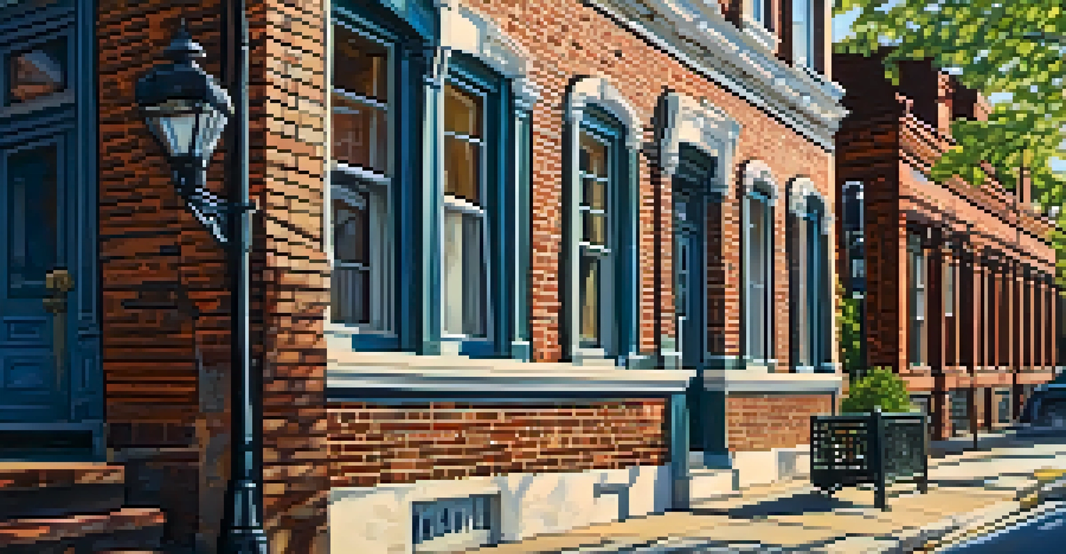 A close-up of a restored historic building in Jersey City, highlighting its ornate brickwork and vibrant colors with dappled sunlight.