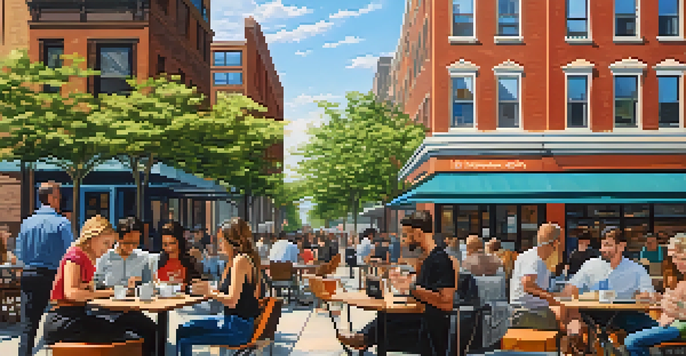 A lively outdoor café in Jersey City with diverse remote workers using laptops, surrounded by modern and historic buildings under a clear blue sky.