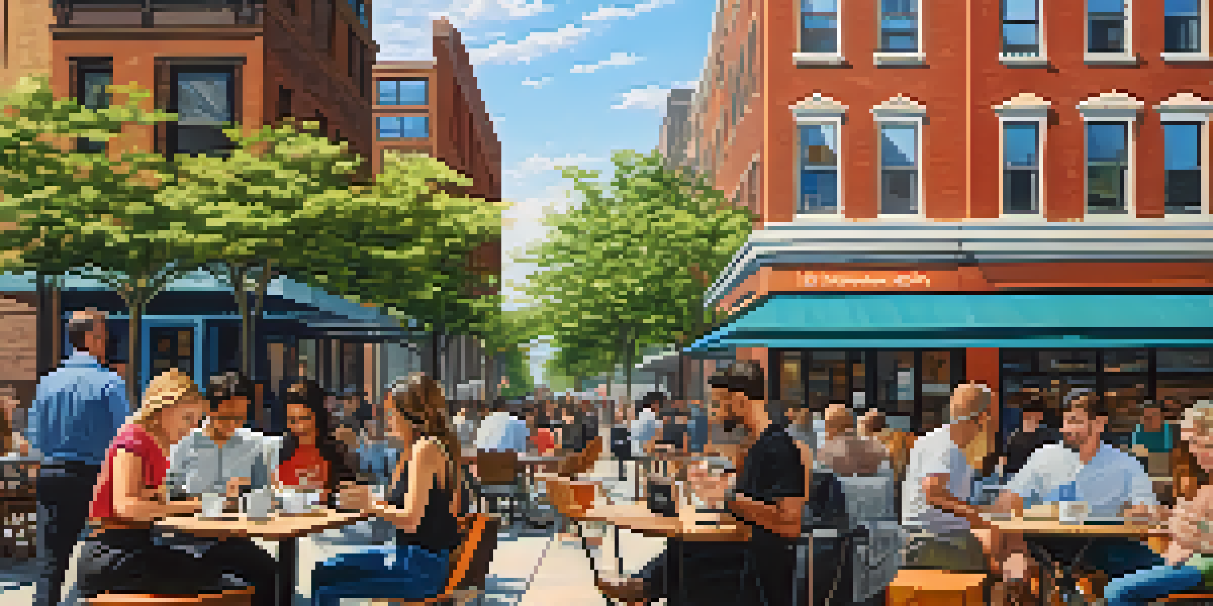 A lively outdoor café in Jersey City with diverse remote workers using laptops, surrounded by modern and historic buildings under a clear blue sky.