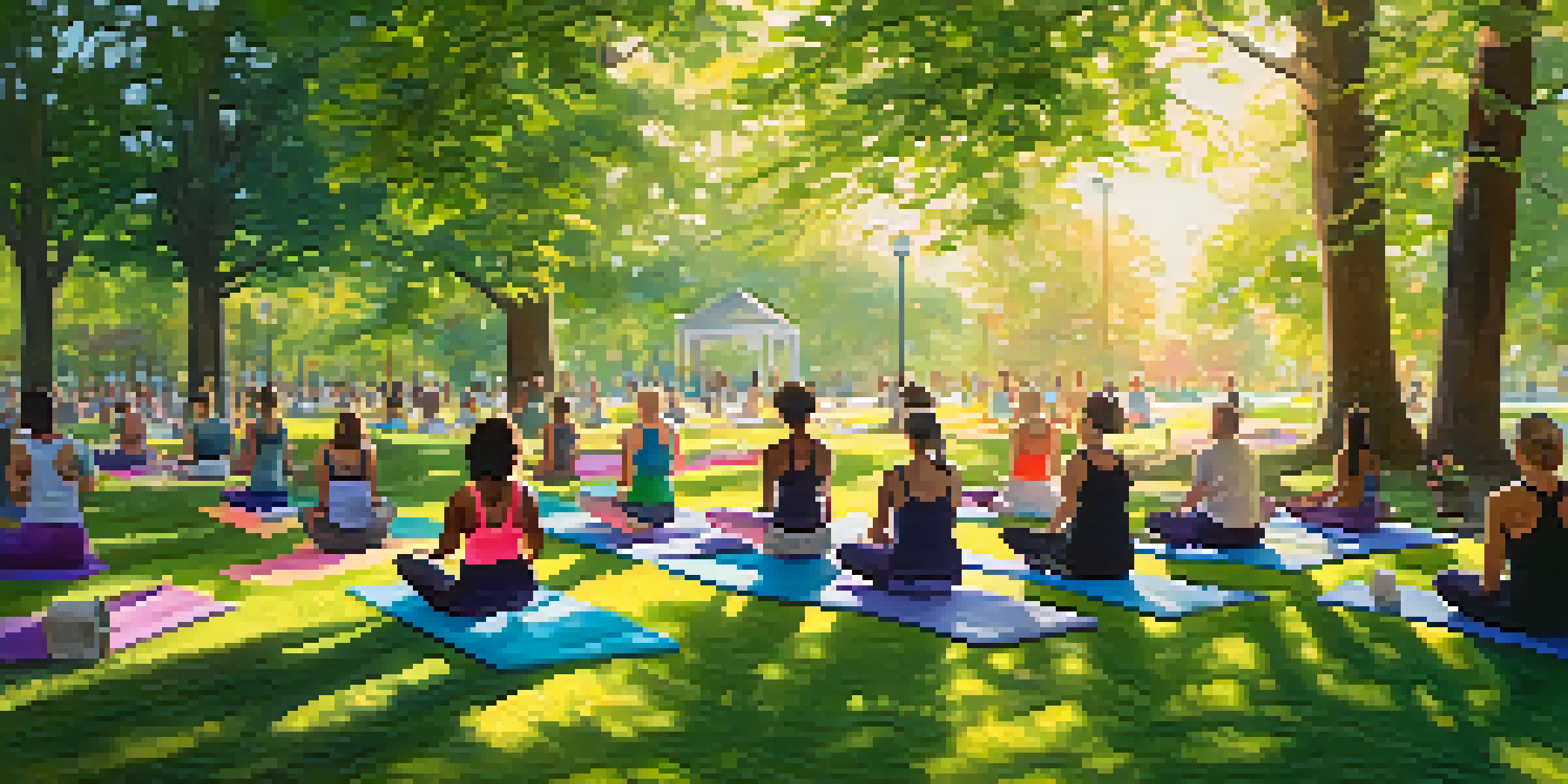 A diverse group of people practicing yoga in a sunny park surrounded by green trees and colorful flowers.