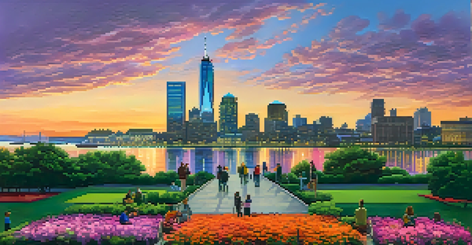Panoramic view of Jersey City skyline at sunset with a waterfront park in the foreground.