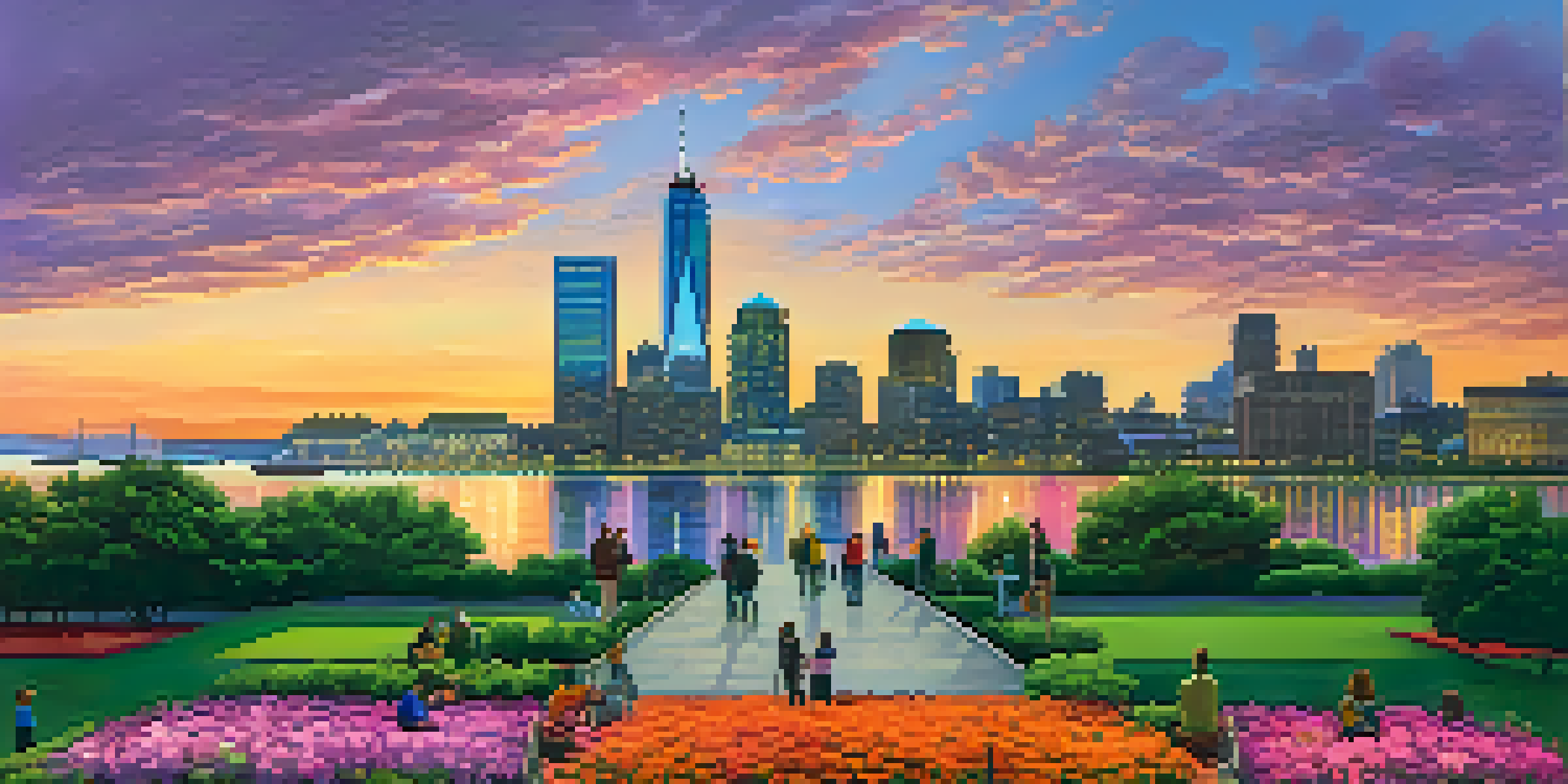 Panoramic view of Jersey City skyline at sunset with a waterfront park in the foreground.