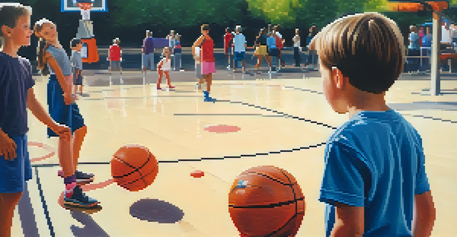 A child focused on learning basketball with supportive parents in the background.
