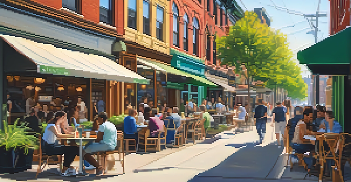 A lively street in Jersey City with remote workers at outdoor cafes using laptops, surrounded by shops and plants under bright sunlight.