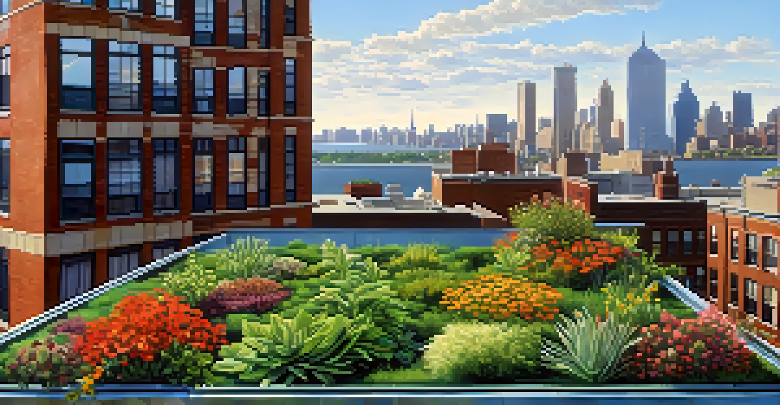 A green roof adorned with various plants and flowers, set against the urban skyline of Jersey City under a clear blue sky.