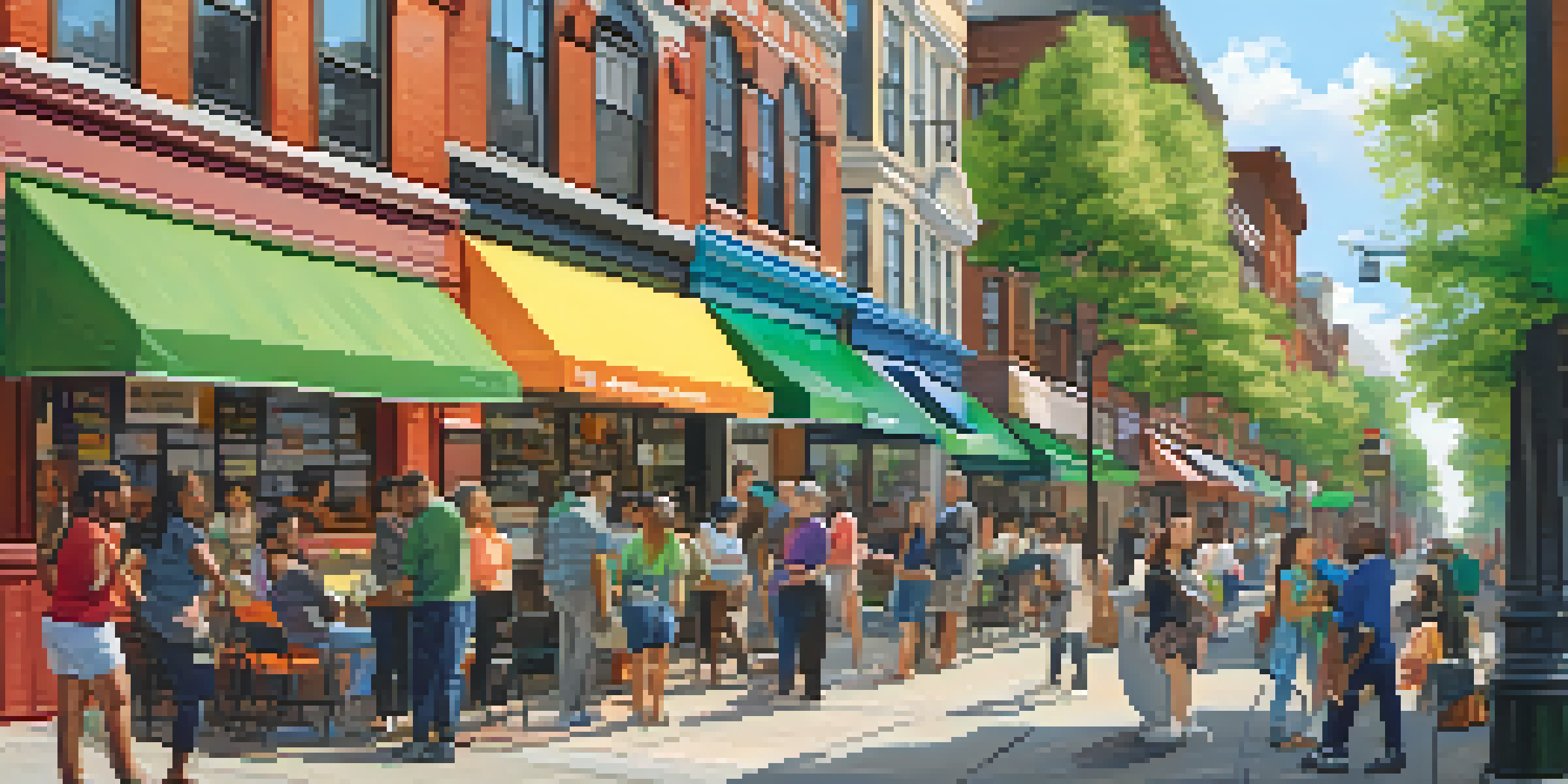 A diverse group of residents engaging with a digital kiosk in a sunny Jersey City street, surrounded by trees and colorful shops.