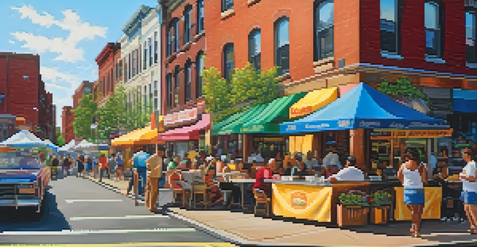 A bustling street in Jersey City with colorful food stalls, diverse people enjoying meals, and vibrant street art under warm sunlight.