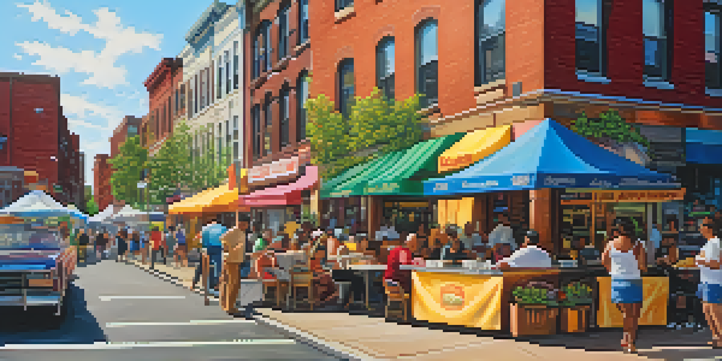 A bustling street in Jersey City with colorful food stalls, diverse people enjoying meals, and vibrant street art under warm sunlight.