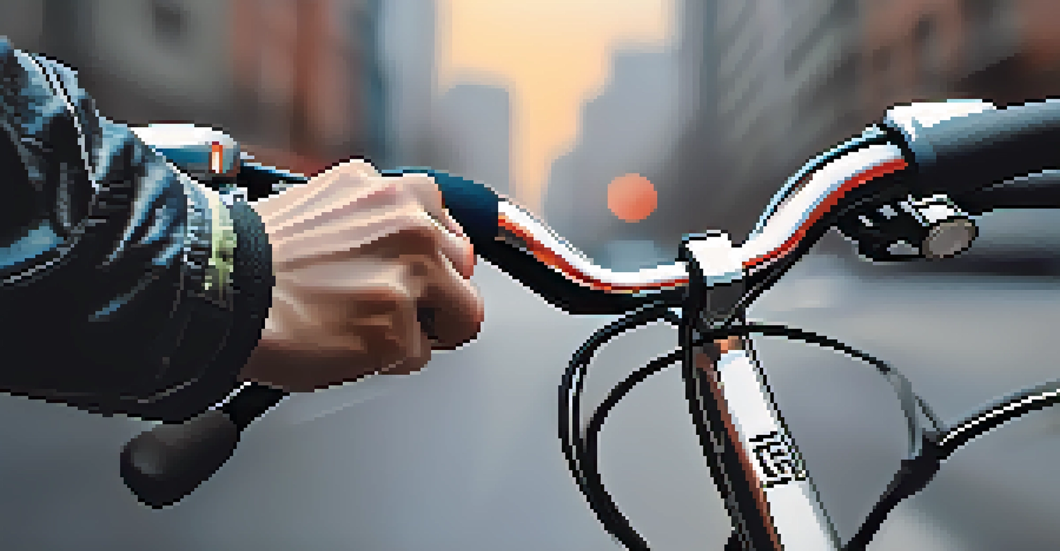 A close-up view of a cyclist's hand on the handlebars of a modern bike, with a blurred cityscape in the background, highlighting safety gear and bike details.