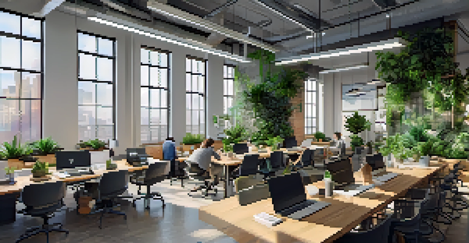 An open office space in a Jersey City tech startup with team members collaborating around a large table, surrounded by modern decor and natural light.