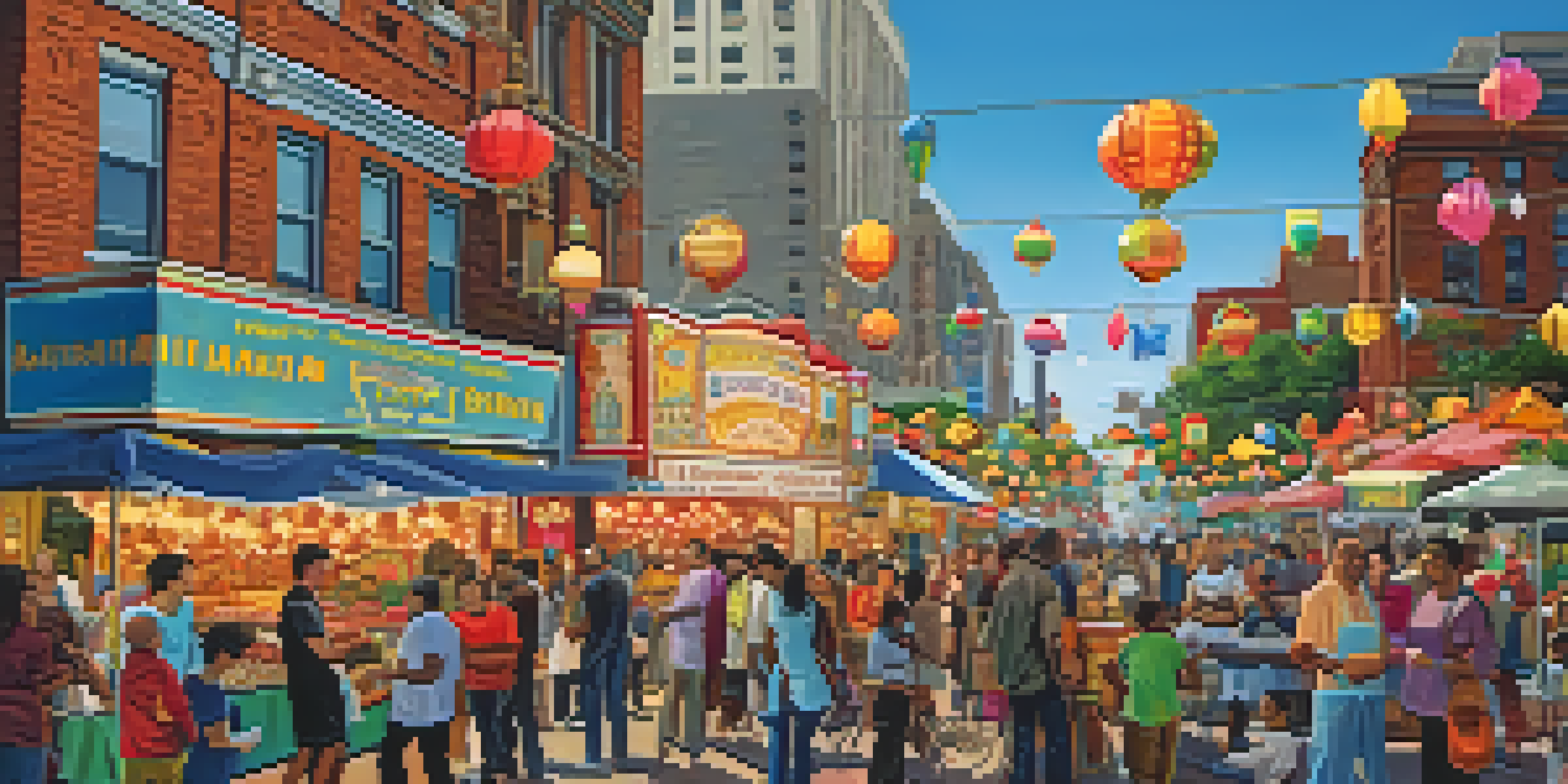 A lively street festival in Journal Square with diverse people enjoying food from various cultures, featuring colorful stalls and the Loew's Jersey Theatre in the background.
