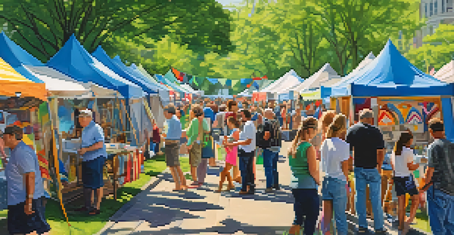 A community art fair in a park with local artists showcasing their work and visitors engaging with them.