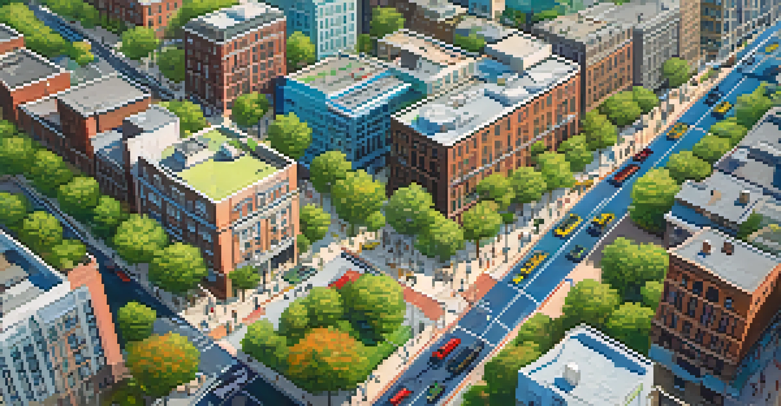 Aerial view of Jersey City showcasing bike lanes, pedestrian pathways, and electric buses.