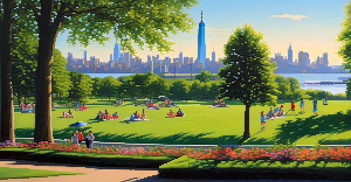 A picturesque landscape of Liberty State Park with the Statue of Liberty in the background, showcasing trees, flowers, and families having picnics.