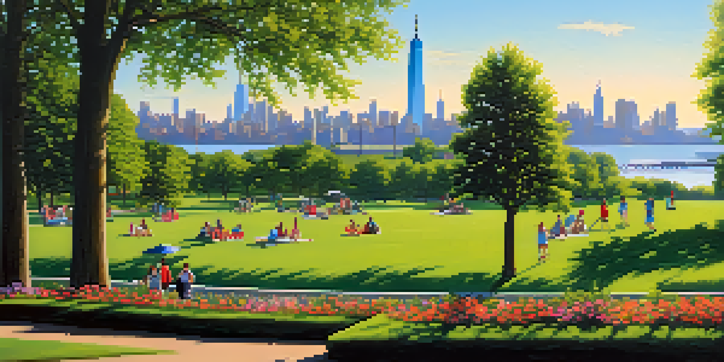 A picturesque landscape of Liberty State Park with the Statue of Liberty in the background, showcasing trees, flowers, and families having picnics.