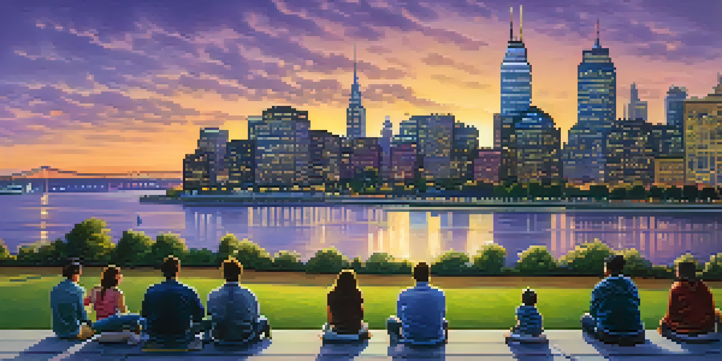 A panoramic view of Jersey City skyline at dusk with city lights reflecting on the river and people in a waterfront park.