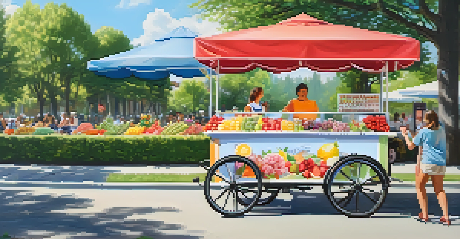 An outdoor gelato cart with colorful gelato flavors being chosen by a happy customer in a sunny park.