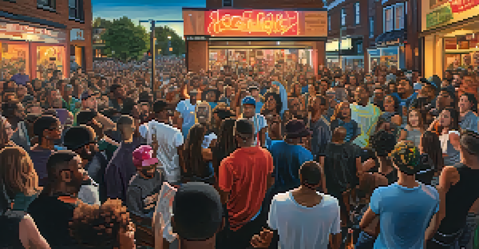 A hip-hop artist performing at an outdoor open mic night, engaging with an enthusiastic crowd against a backdrop of colorful street art.