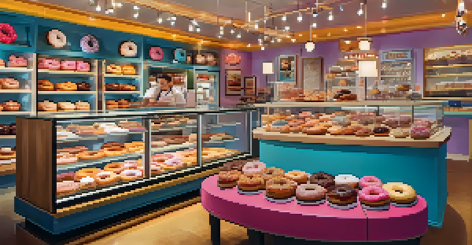 A colorful doughnut shop with a display of artisanal doughnuts and customers customizing their treats.