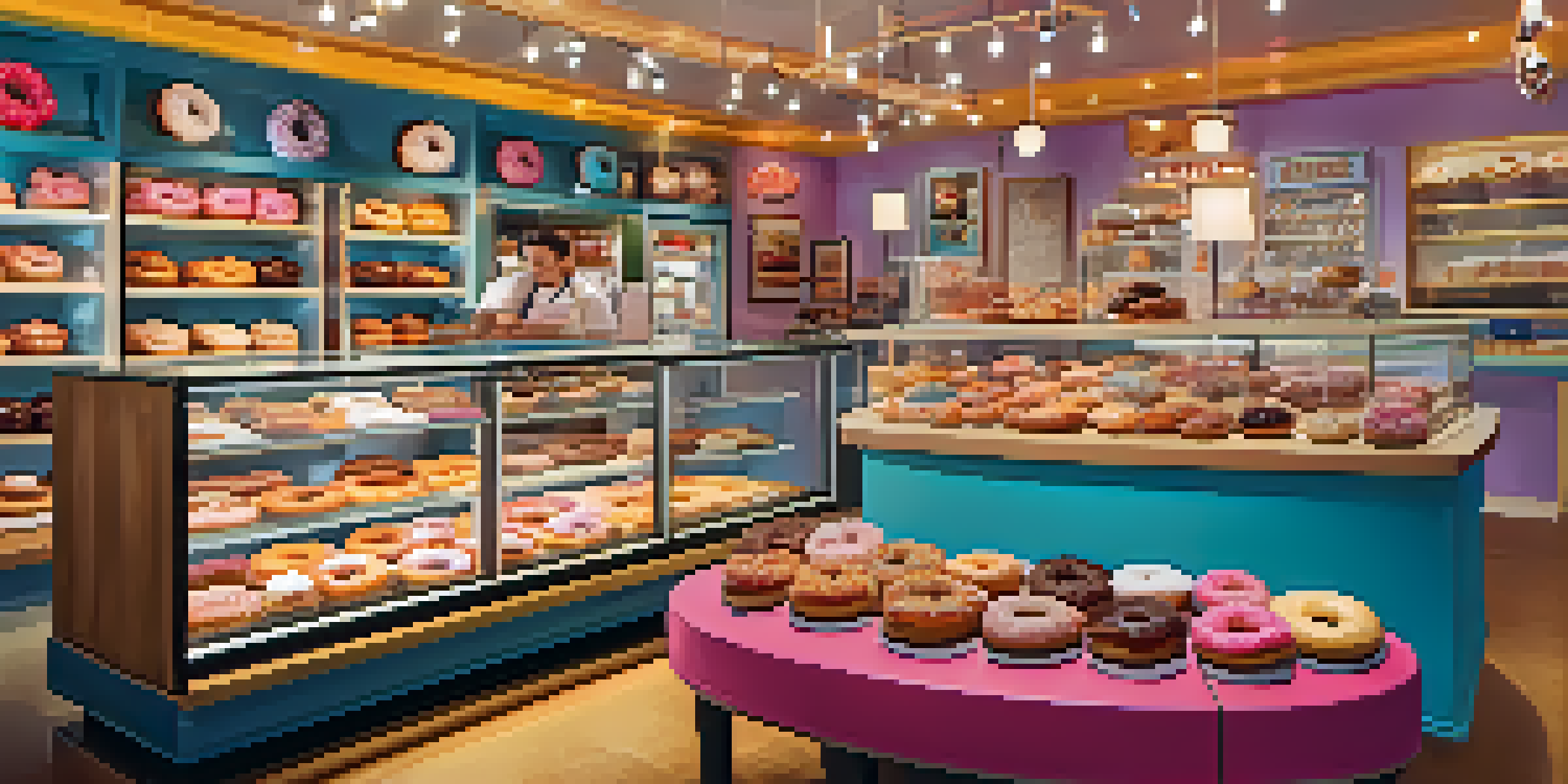 A colorful doughnut shop with a display of artisanal doughnuts and customers customizing their treats.