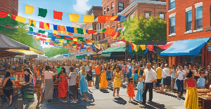 A lively street festival in Jersey City with diverse people enjoying food, music, and dancing under colorful banners.