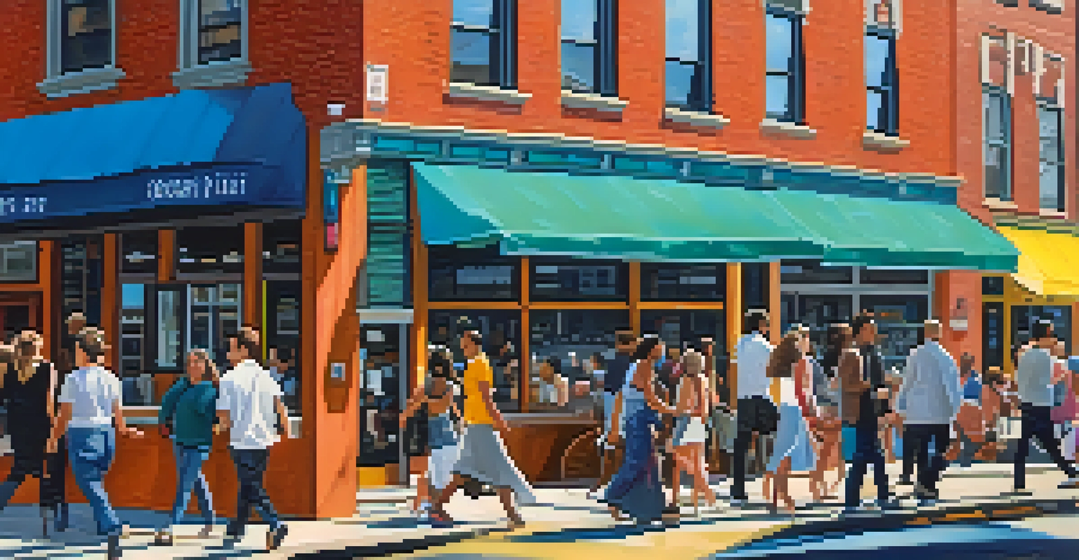 A busy street in Jersey City with young professionals walking to the PATH train station, colorful stores, and outdoor cafes.