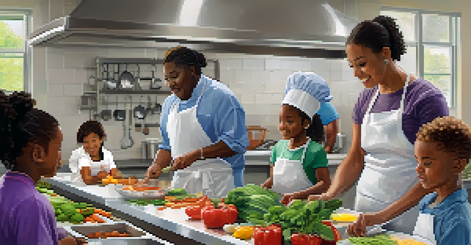Participants in a cooking class learning to prepare healthy meals in a bright community kitchen.