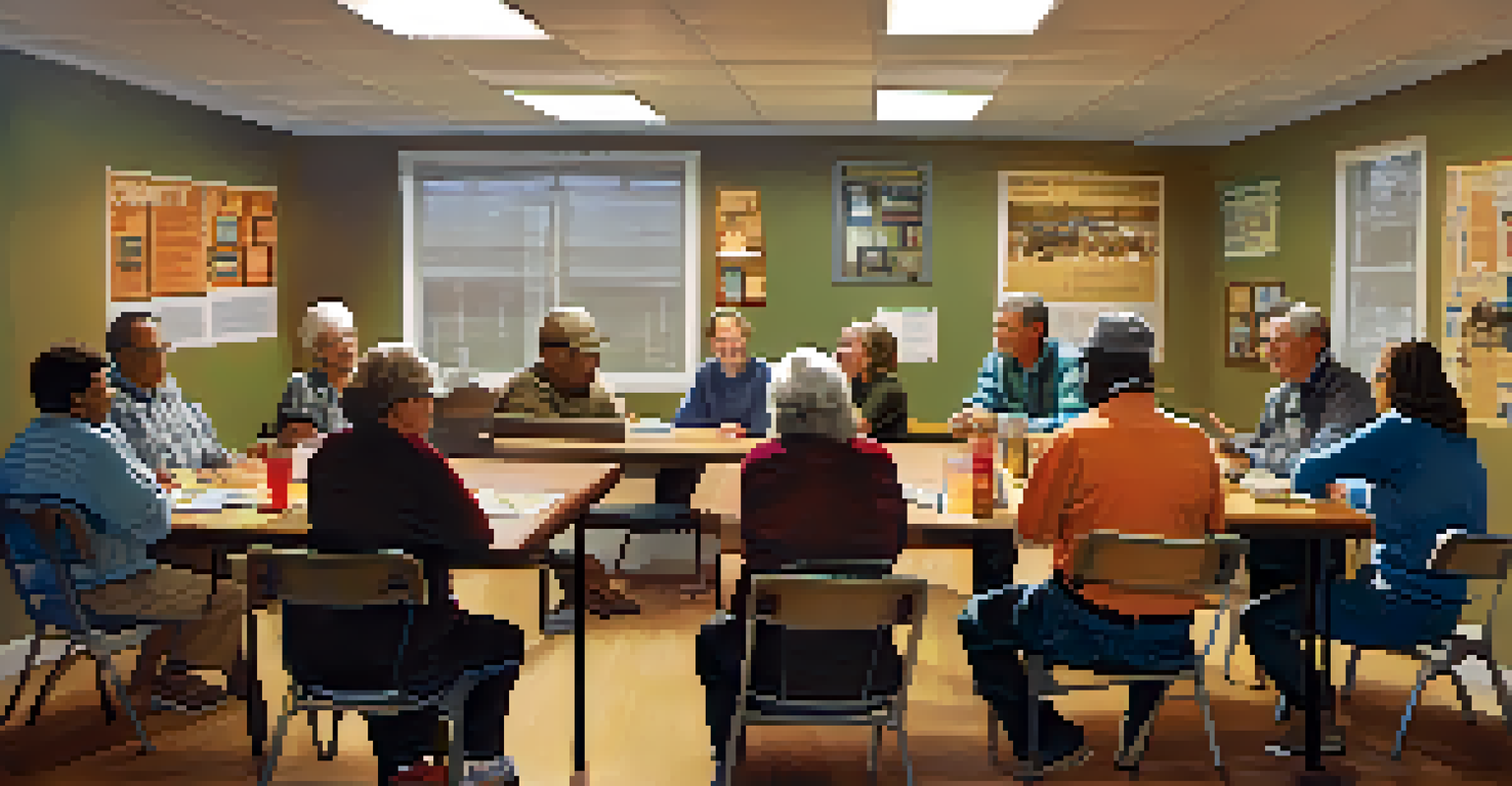 Residents participating in a neighborhood watch meeting at a community center, discussing safety strategies and fostering cooperation.