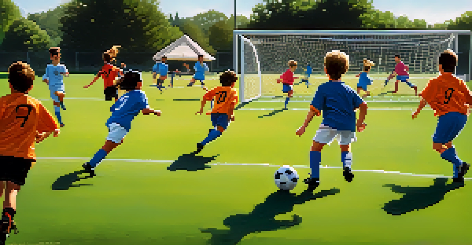 A youth soccer game in progress at Caven Point Athletic Complex, capturing young players in action and spectators in the background.