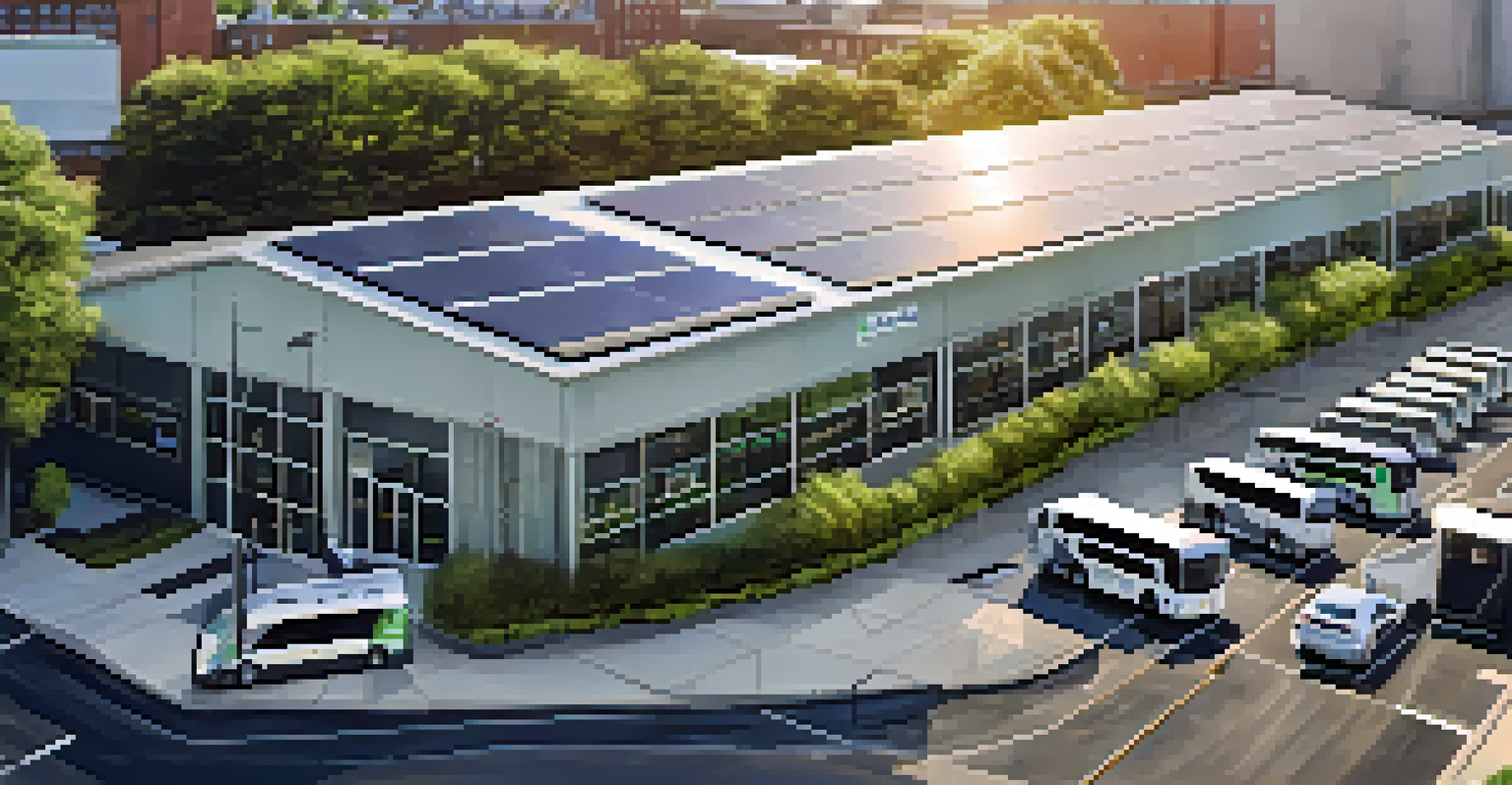 Aerial view of solar panels next to a bus depot with parked electric buses in Jersey City.
