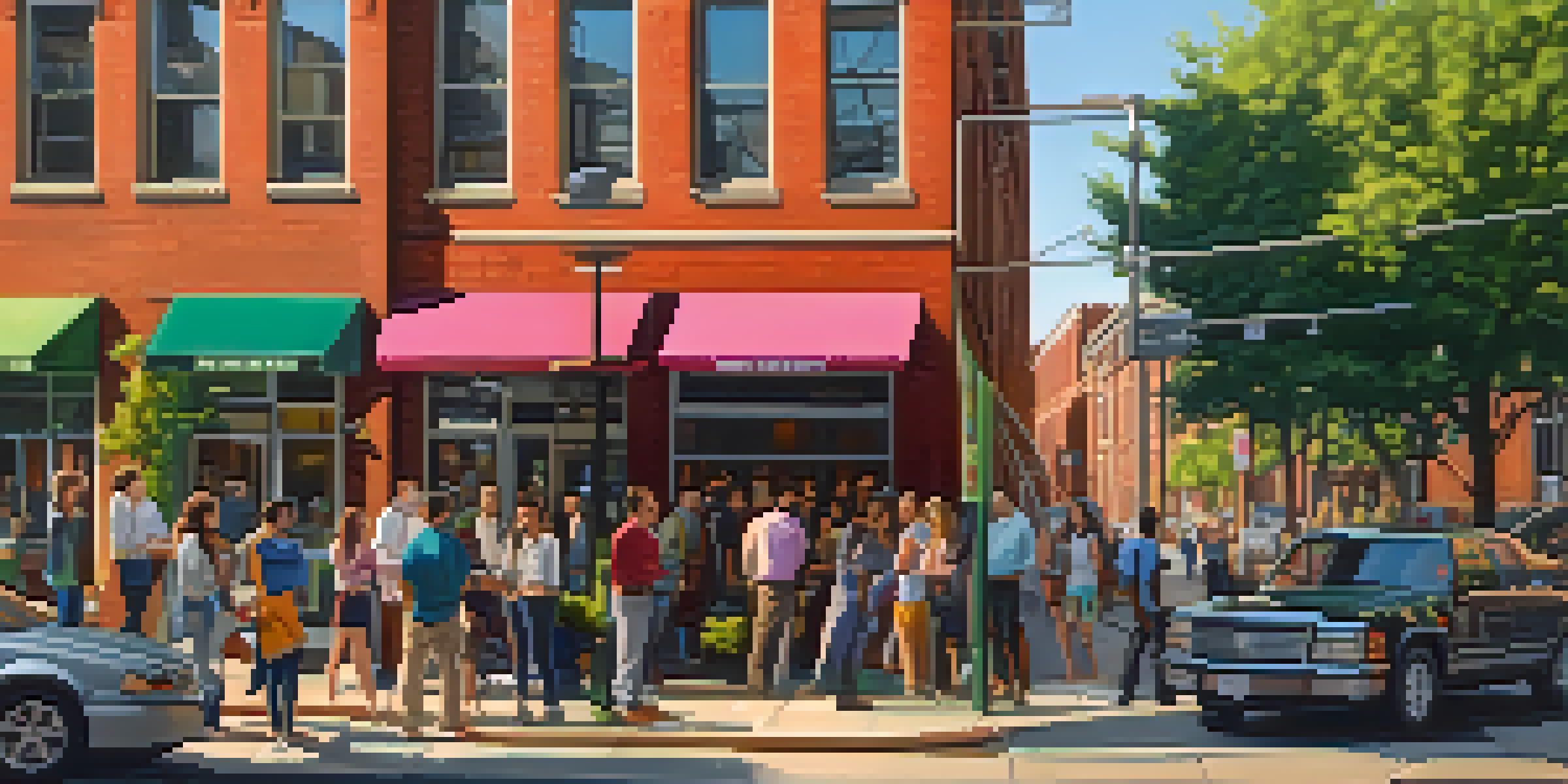 A lively urban scene in Jersey City with young professionals talking outside a co-working space, featuring colorful murals and trees.