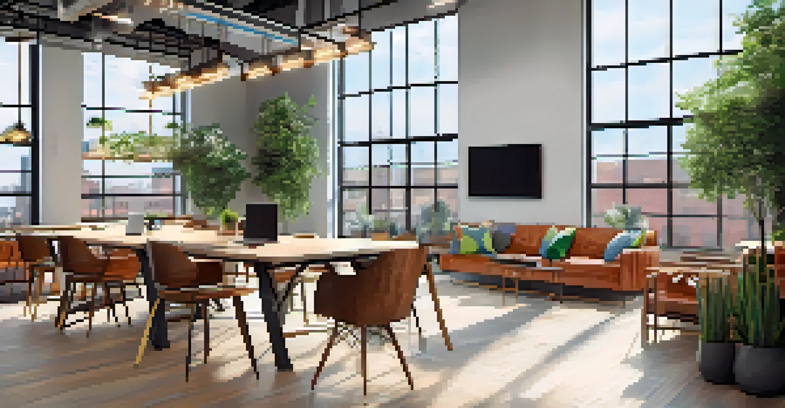 A bright and stylish co-working space in Jersey City, showcasing modern furniture and natural light through large windows.