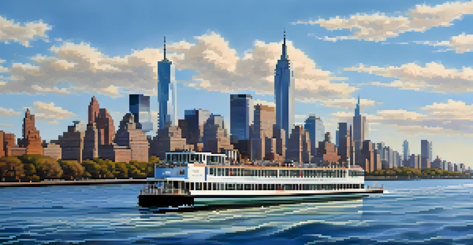 A ferry on the Hudson River with the Manhattan skyline in the background and passengers enjoying the view.