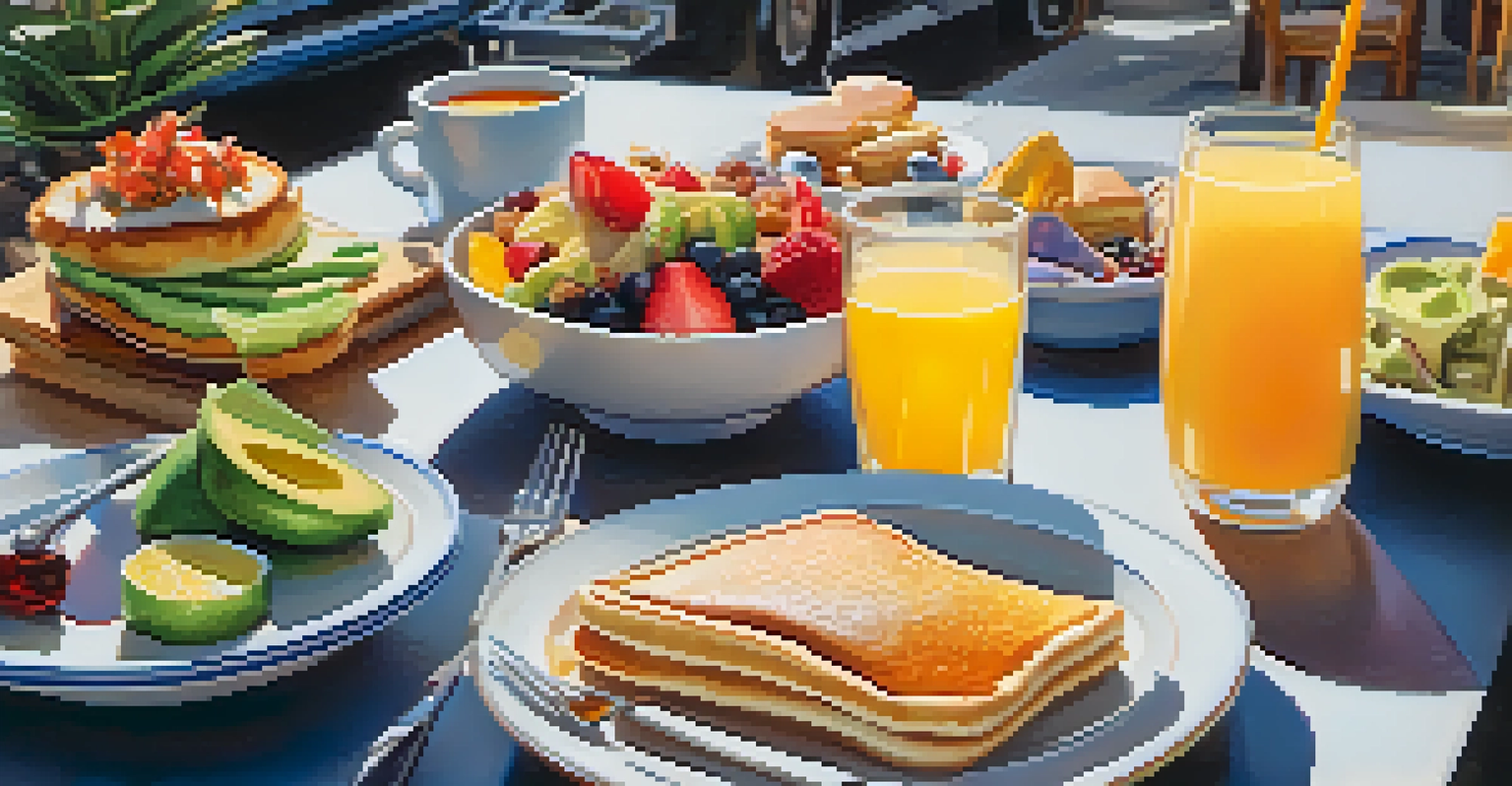 A beautiful outdoor brunch table with pancakes, avocado toast, sushi rolls, fresh fruit, and mimosas, illuminated by morning sunlight.