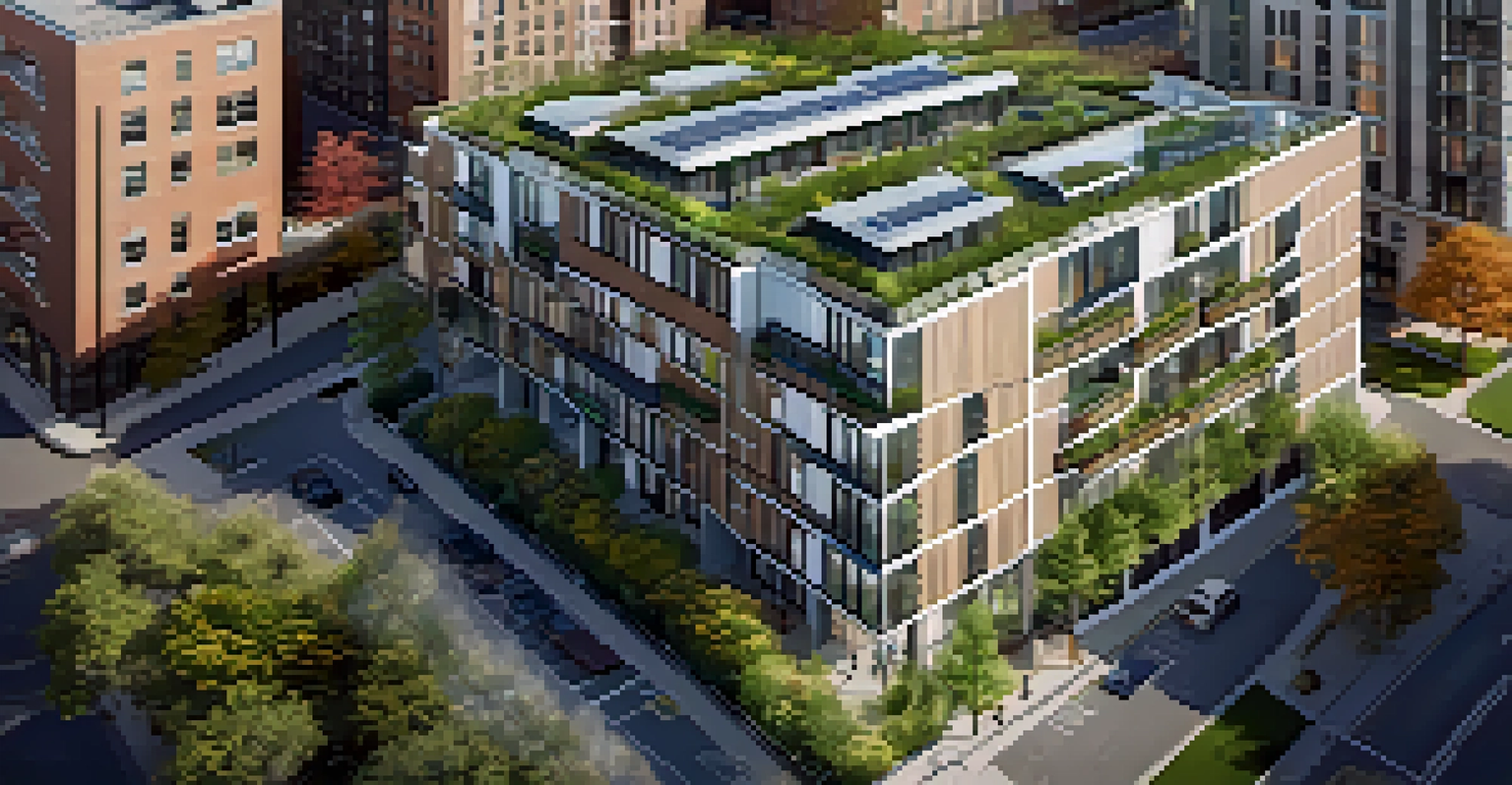 Aerial view of a modern residential building in Jersey City featuring a green roof and solar panels amidst a vibrant urban environment.
