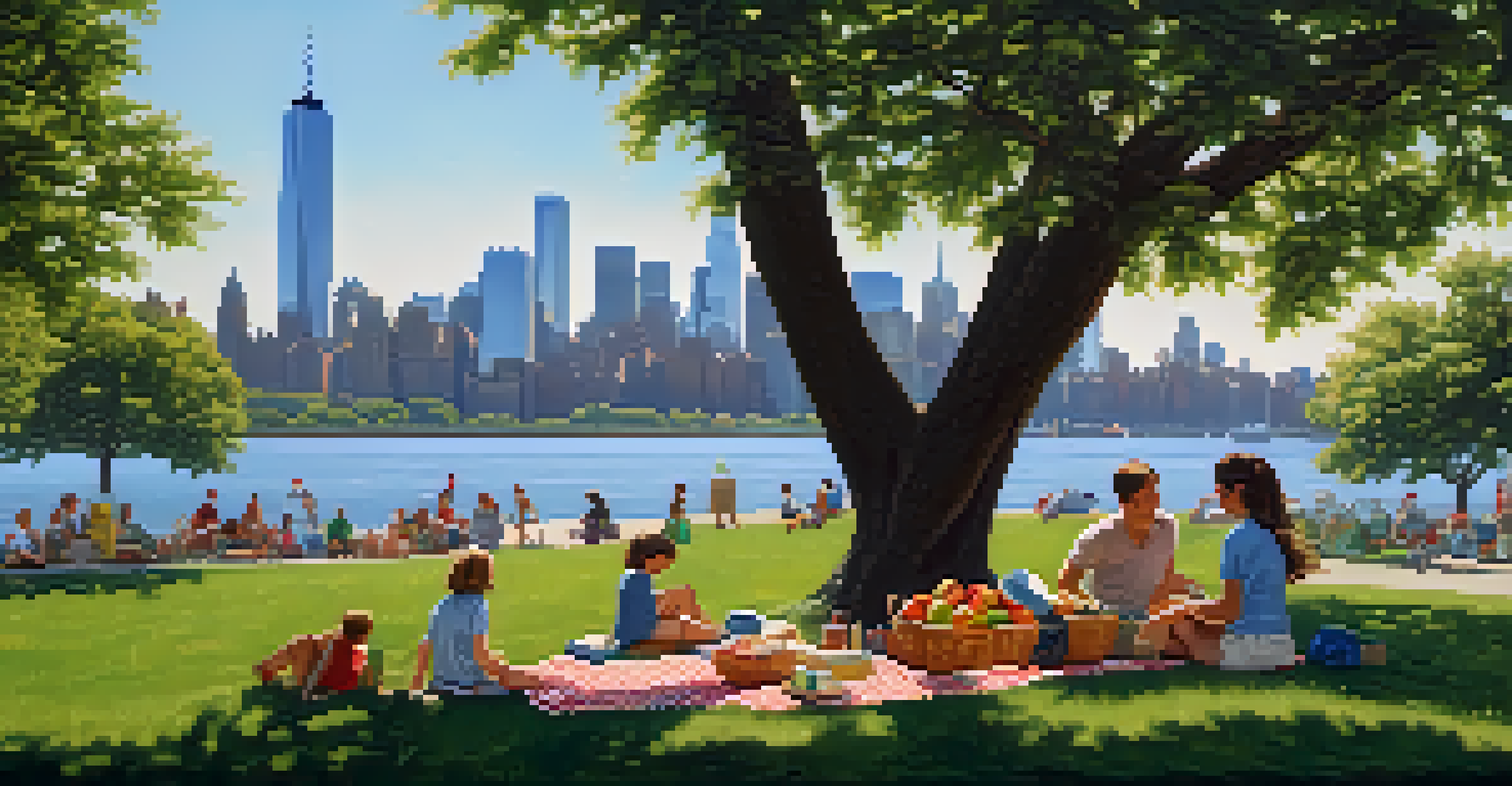 A family having a picnic on a blanket under a tree in Liberty State Park, with a basket of food and children playing on the grass, with the Hudson River and Manhattan skyline in the background.