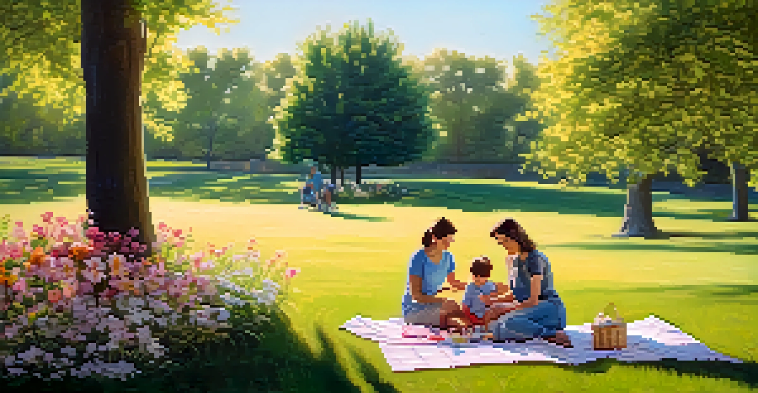 A family sitting on a picnic blanket in a park, creating art together with pastels amid trees and flowers.