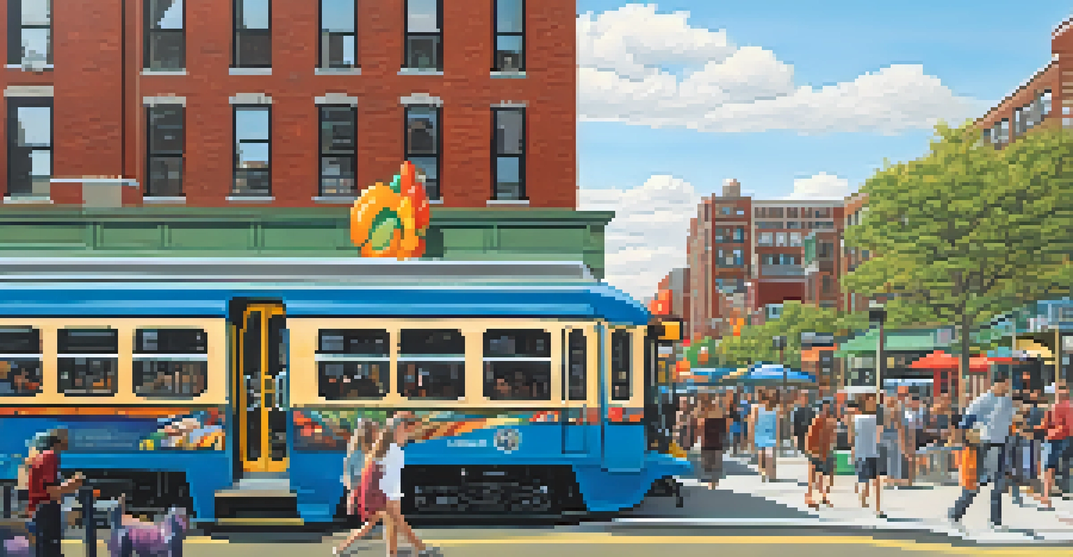 A lively Journal Square scene with mixed-use developments, people enjoying cafes, and vibrant street art.