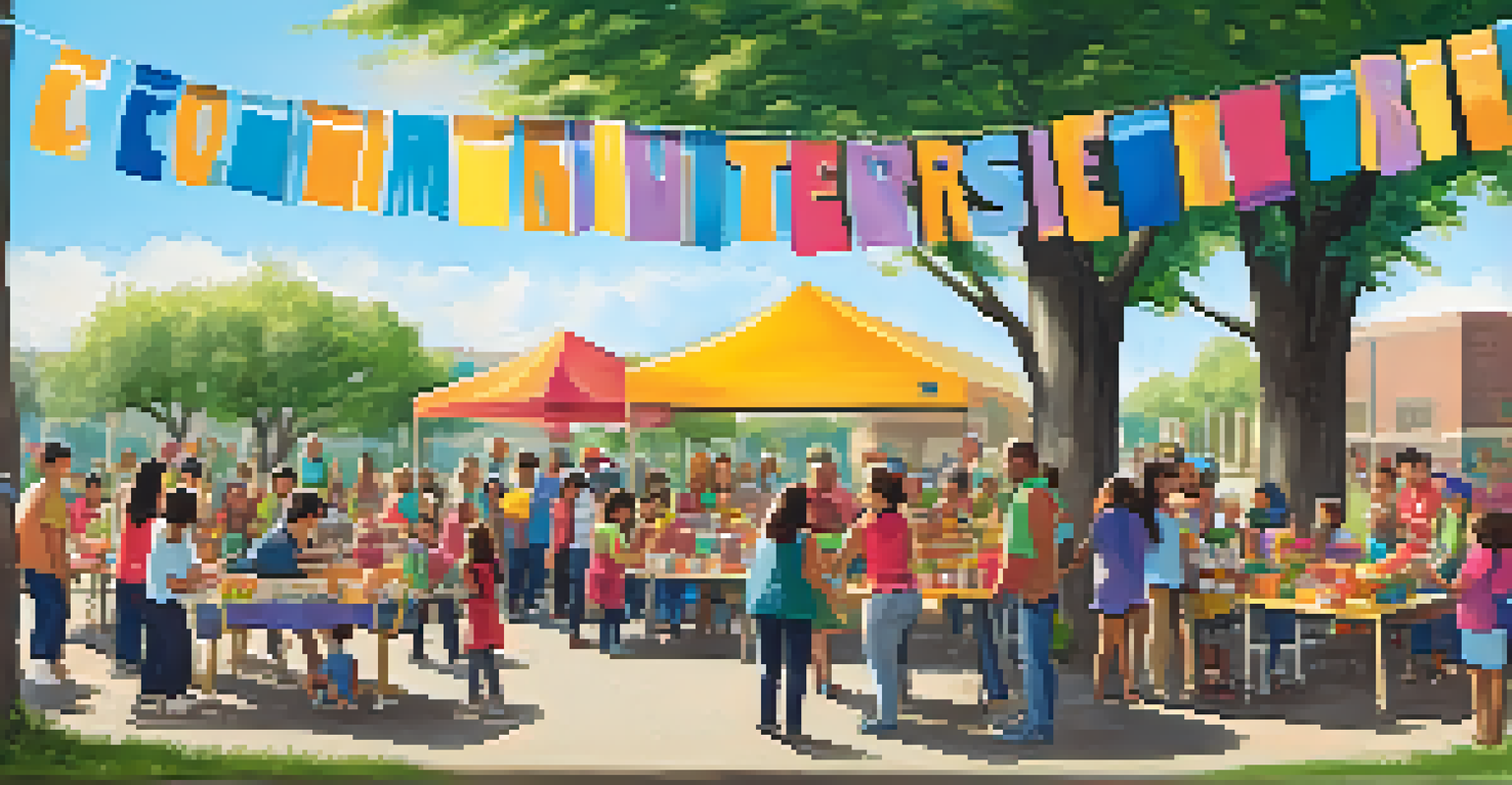 Families and educators working together at a community food drive with colorful banners and smiling faces.