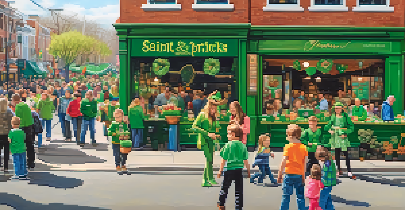 Children participating in face painting and crafts while families enjoy Irish cuisine at a café during the parade.