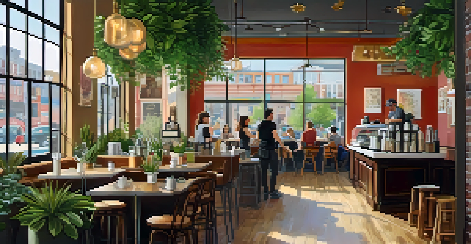 Interior of a trendy café in Jersey City with natural light, rustic wooden tables, and patrons enjoying their time.