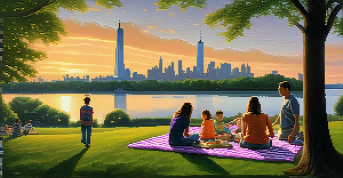 A peaceful scene at Liberty State Park during sunset with families picnicking and the Statue of Liberty in the background.
