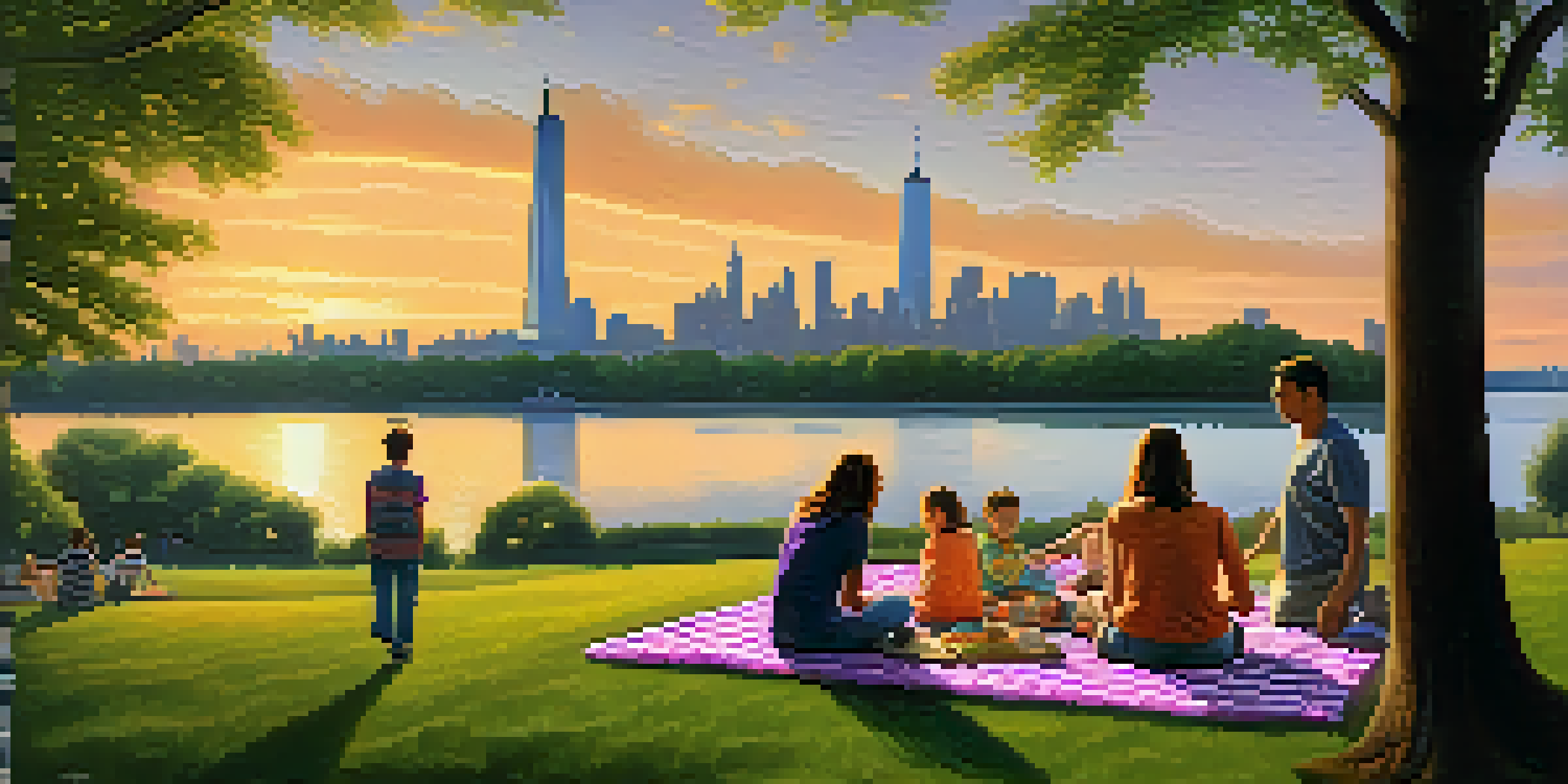 A peaceful scene at Liberty State Park during sunset with families picnicking and the Statue of Liberty in the background.