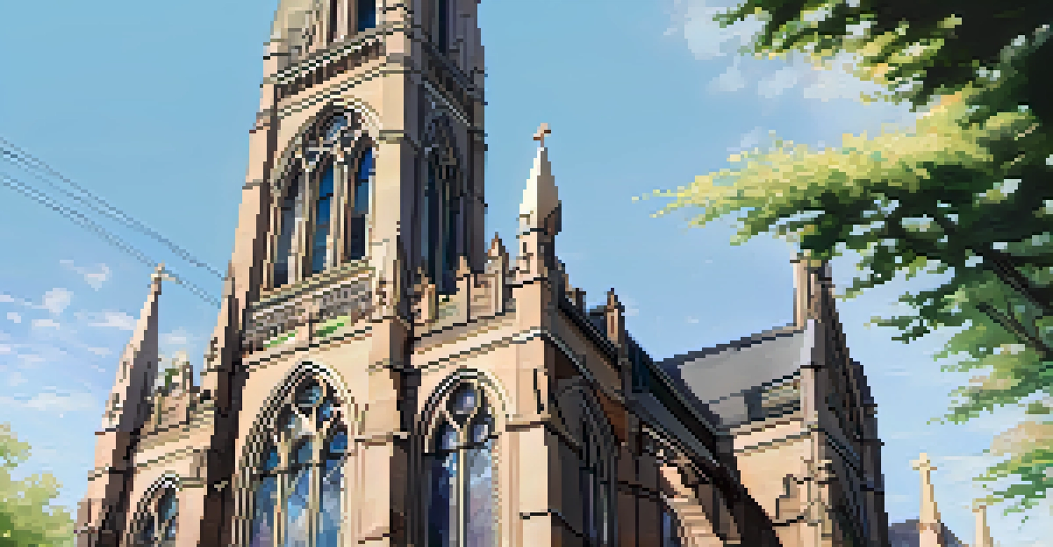 A Gothic Revival church in Jersey City with intricate stained glass windows and a towering spire, set in a serene garden.